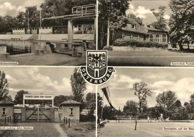 Alte Postkarte der Sportanlagen in Osterburg mit Ansichten Ansicht vom Waldschwimmbad Sportschule Fuchsbau Friedrich-Ludwig-Jahn-Stadion und vom Tennisplatz